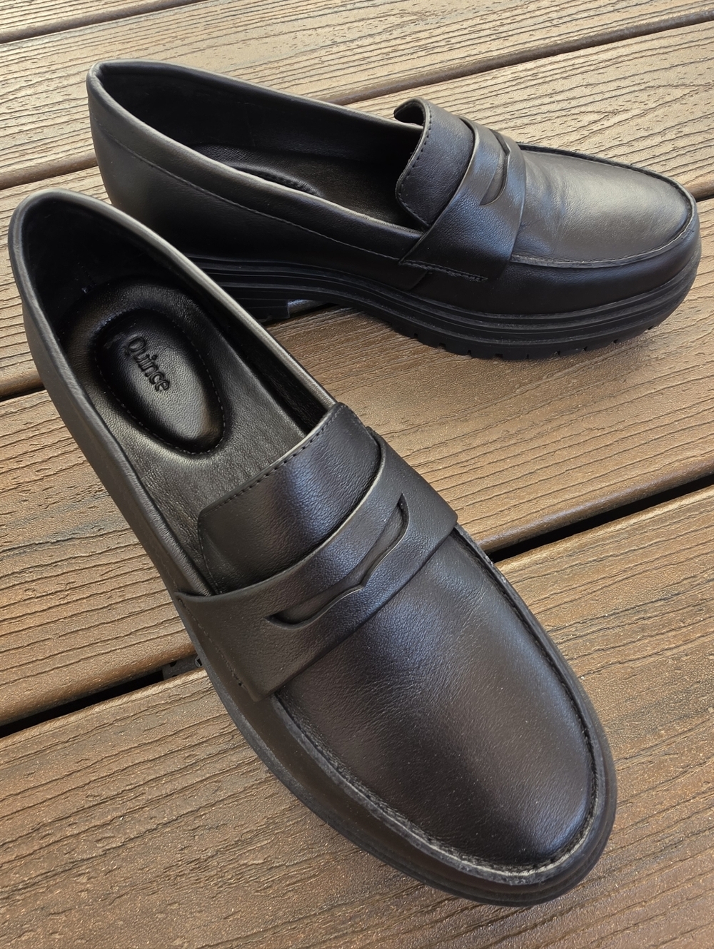 Quince Black Leather Lug-Sole Penny Loafers size 7